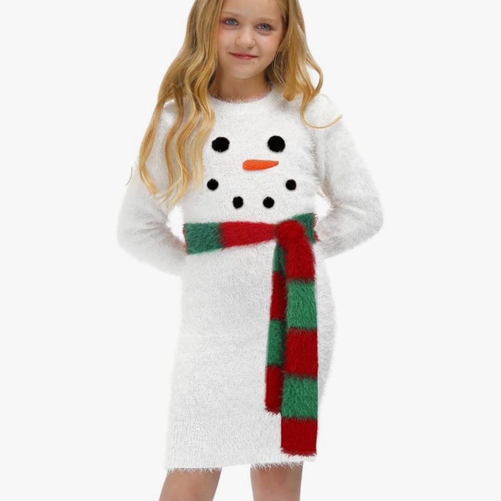 White Snowman Dress with Red and Green Scarf